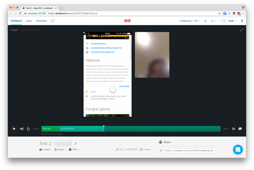 Lookback.io playback of a user test, showing the screen and the user recording.