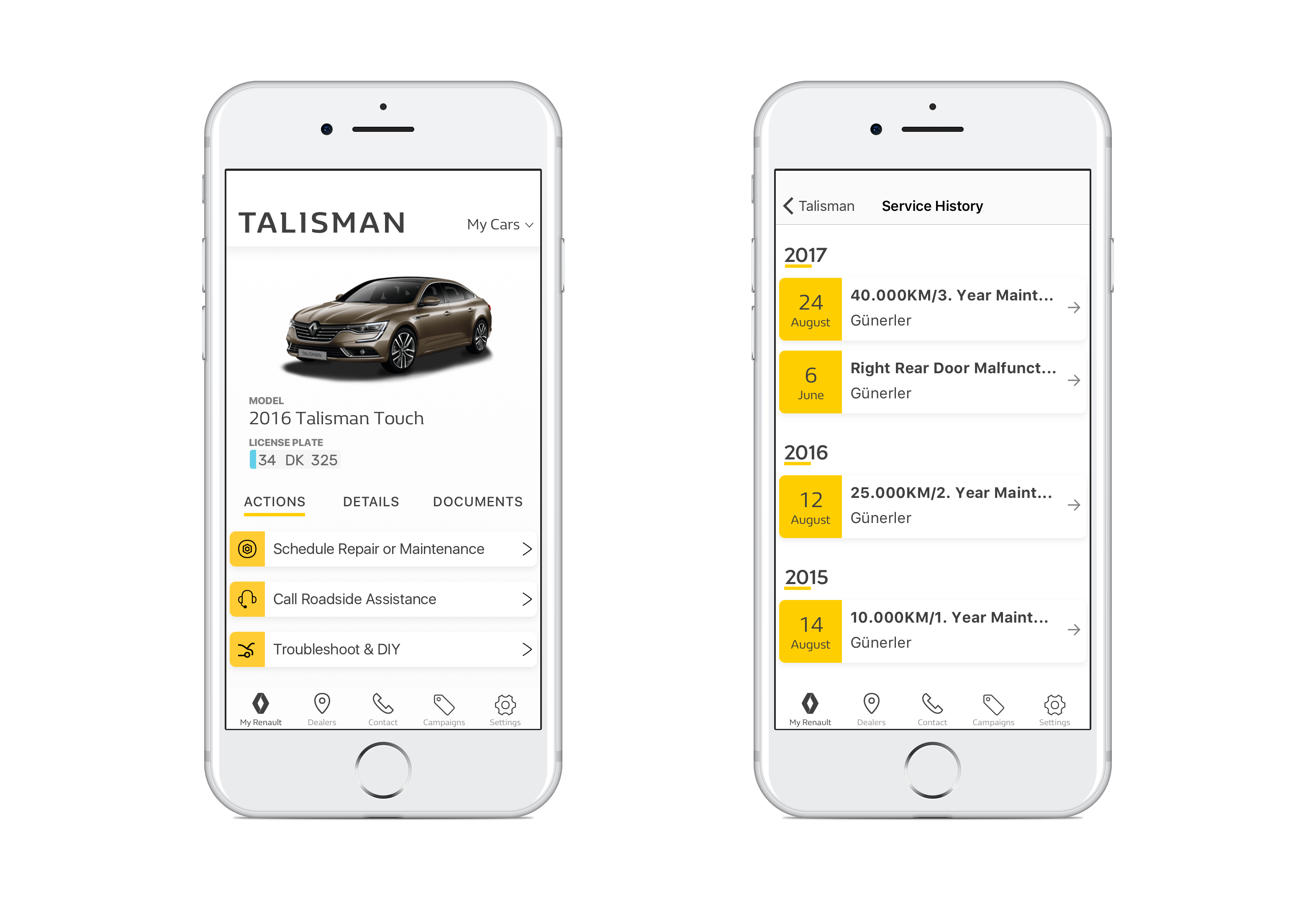 Sample screens from the app, showing the dashboard and a list of previous maintenance records.